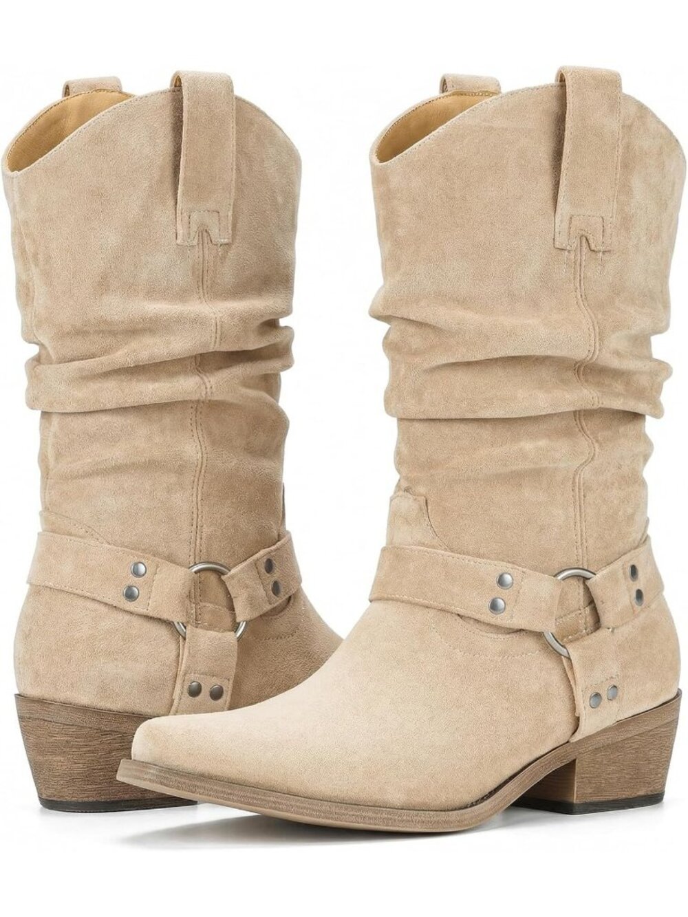 Women's Beige Mid Calf Slouchy Western Buckle Strap Chunky Heel Cowgirl Boots